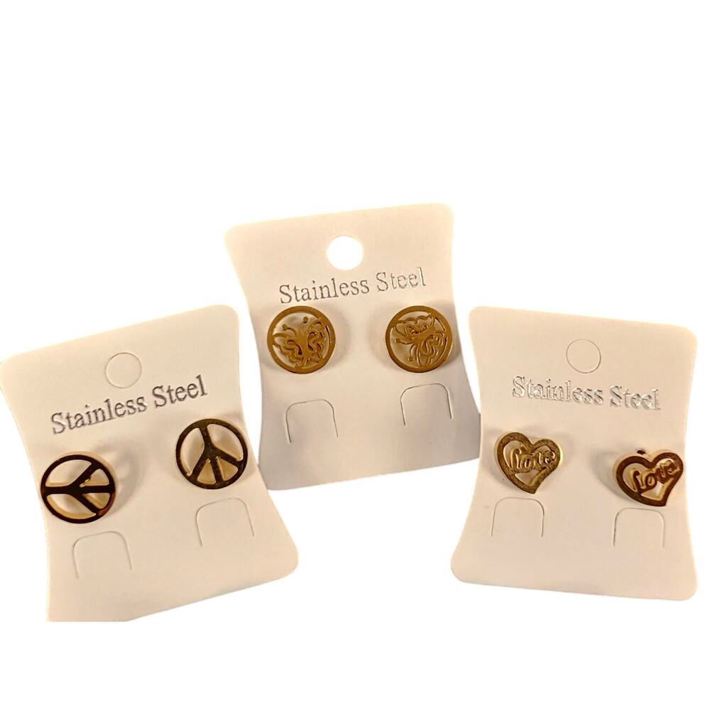 Stainless Steel Stud Earrings Lot of 3 Pairs Mixed Assorted Designs Gold Tone